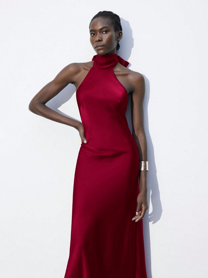 OUTZIDR Red Halterneck Midi Dress - Image 1